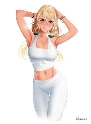 Rule 34 | 1girl, armpits, arms up, blonde hair, blush, bracelet, breasts, chinetsu15, cleavage, collarbone, curvy, green eyes, gym pants, gym shirt, hands on own head, highres, idolmaster, idolmaster shiny colors, izumi mei, jewelry, lips, looking at viewer, medium breasts, midriff, navel, pants, shirt, signature, simple background, smile, steam, sweat, tank top, teeth, twintails, white background, white pants, white tank top, wristband
