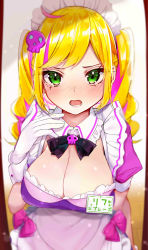 Rule 34 | 1girl, absurdres, black ribbon, blonde hair, blush, bow, breasts, cleavage, commentary request, drill hair, green eyes, highres, indie virtual youtuber, looking at viewer, maid headdress, mole, mole under eye, original, pink bow, pink skull, ribbon, rouka (akatyann), skull, solo, virtual youtuber
