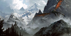 blue_sky cloud cloudy_sky copyright_name darek_zabrocki day dragon flying fog highres landscape mountain mountainous_horizon no_humans outdoors pine_tree scenery sky tail the_elder_scrolls the_elder_scrolls_v:_skyrim tree western_dragon wings