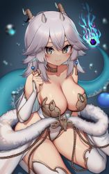 Rule 34 | 1girl, bare shoulders, blush, breasts, cleavage, closed mouth, collarbone, commentary, crossed bangs, detached sleeves, green eyes, horns, kaptivate, kneeling, large breasts, long hair, long sleeves, looking at viewer, silver hair, smile, solo, tail, thighhighs, thighs, vei (vtuber), vei (vtuber) (sky empress), virtual youtuber, vshojo, white thighhighs