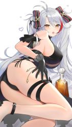 Rule 34 | 1girl, ass, azur lane, bare legs, bare shoulders, black dress, black gloves, black panties, blush, bottle, bow, breasts, commentary request, cross, dress, from below, gloves, hair between eyes, hair bow, hair ribbon, heart, highres, iron cross, large breasts, long hair, looking at viewer, mole, mole on breast, multicolored bow, multicolored hair, nanam (nanam sk), orange eyes, panties, prinz eugen (azur lane), prinz eugen (cordial cornflower) (azur lane), red hair, ribbon, short sleeves, silver hair, solo, streaked hair, thigh strap, thighs, tongue, tongue out, two side up, underwear, upskirt, very long hair