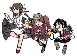 Rule 34 | black gloves, black skirt, brown hair, buttons, double-breasted, elbow gloves, fairy (kancolle), fingerless gloves, flat color, full body, genba neko (meme), gloves, hair ornament, haruna (kancolle), hood, hoodie, japanese clothes, kantai collection, kariginu, magatama, meme, multiple girls, neckerchief, remodel (kantai collection), ryuujou (kancolle), scarf, school uniform, sendai (kancolle), serafuku, shikigami, simple background, single thighhigh, skirt, standing, standing on one leg, terrajin, thighhighs, translation request, twintails, two side up, visor cap, white background, white scarf
