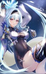 Rule 34 | 1girl, absurdres, arms up, black gloves, black thighhighs, blue hair, blue necktie, breasts, cocoa 11vv, commentary, eula (genshin impact), genshin impact, gloves, highres, holding, holding weapon, leotard, light blue hair, long sleeves, looking at viewer, medium breasts, medium hair, necktie, purple eyes, smile, solo, thighhighs, weapon, zettai ryouiki