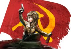 Rule 34 | 1girl, alcohol, angry, binoculars, bottle, breasts, clothes, communism, flag, gun, hammer and sickle, handgun, large breasts, military, military vehicle, mimit, motor vehicle, open mouth, soldier, solo, soviet, soviet flag, tank, tokarev, ussr, vodka, weapon, world of tanks