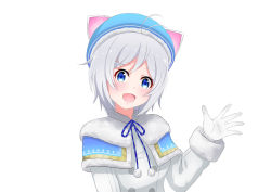 Rule 34 | .live, 1girl, antenna hair, blue eyes, blush, breasts, coat, gloves, highres, hofumaso, large breasts, long sleeves, looking at viewer, open mouth, short hair, dennou shoujo siro, smile, solo, upper body, virtual youtuber, white gloves, white hair