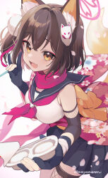 Rule 34 | 1girl, animal ear fluff, animal ears, black gloves, black skirt, blue archive, blue sailor collar, breasts, brown hair, colored inner animal ears, elbow pads, fang, floral print kimono, fox ears, fox girl, fox shadow puppet, fox tail, gloves, hadanugi dousa, halo, hand up, highres, holding, izuna (blue archive), japanese clothes, kimono, looking at viewer, medium breasts, momoyama momo, neckerchief, open kimono, open mouth, partially fingerless gloves, pink halo, pink kimono, pink neckerchief, pink scarf, sailor collar, scarf, shirt, skin fang, skirt, sleeveless, sleeveless shirt, smile, solo, tail, twitter username, yellow eyes