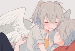Rule 34 | 1boy, 1girl, :d, ahoge, angel chromosome xx, angel wings, bad id, bad pixiv id, black pants, blush, character request, closed eyes, grey background, grey hair, grey shirt, hetero, ikeuchi tanuma, lying, neon genesis evangelion, on back, open mouth, pants, pillow, shirt, short hair, short sleeves, simple background, smile, tabris-xx, twintails, white wings, wings
