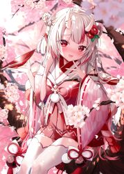 Rule 34 | 1girl, :d, absurdres, alcohol, blush, cherry blossoms, commentary request, cup, flower, hair flower, hair ornament, hair rings, highres, holding, holding cup, hololive, horns, ineka ka, long hair, long sleeves, looking at viewer, multicolored hair, nakiri ayame, nakiri ayame (shrine maiden), nontraditional miko, nose blush, official alternate costume, open mouth, red eyes, red hair, ribbon-trimmed sleeves, ribbon trim, sakazuki, sake, sitting, sitting on branch, skin-covered horns, smile, solo, streaked hair, thighhighs, tree, virtual youtuber, white hair, white thighhighs, wide sleeves, yagasuri, zettai ryouiki