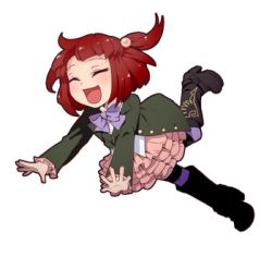 Rule 34 | 1girl, aged down, beatrice (cosplay), beatrice (umineko), boots, bow, closed eyes, cosplay, hair bobbles, hair ornament, jacket, lowres, niso, no naku koro ni (series), open mouth, pantyhose, red hair, ryuukishi07, skirt, smile, spoilers, striped clothes, striped pantyhose, twintails, two side up, umineko no naku koro ni, ushiromiya ange