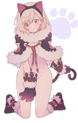 Rule 34 | 1girl, :&lt;, animal ears, bangs, blonde hair, blush, breasts, brown eyes, cat ears, cat tail, character request, closed mouth, copyright request, covering, covering crotch, eyebrows visible through hair, fake animal ears, full body, fur trim, gloves, gluteal fold, groin, hairband, hood, hood down, kneeling, koza game, looking at viewer, naked hood, navel, nude, paw print, paw shoes, shoes, short hair, simple background, solo, stomach, tail, underboob, white background