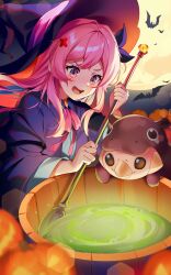 1girl :d animal bat_(animal) black_hat blurry blurry_background blurry_foreground commentary_request depth_of_field full_moon grey_shirt hair_between_eyes hair_intakes hair_ornament hair_ribbon hat highres holding holding_spoon jack-o&#039;-lantern long_hair long_sleeves moon open_mouth original oversized_spoon pink_hair purple_ribbon purple_robe ribbon rimuu robe shirt smile solo spoon teeth upper_teeth_only v-shaped_eyebrows wide_sleeves witch_hat x_hair_ornament