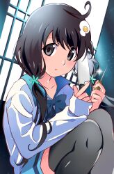 Rule 34 | 1girl, :o, absurdres, ahoge, araragi tsukihi, black eyes, black hair, black thighhighs, commentary request, egg hair ornament, food-themed hair ornament, hair ornament, highres, holding, holding knife, ice pick, knife, light blush, long hair, long sleeves, looking at viewer, low twintails, mashimaro tabetai, monogatari (series), parted lips, sleeves past wrists, solo, thighhighs, twintails