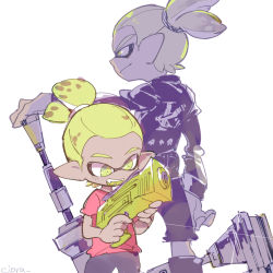 Rule 34 | 1boy, age comparison, aged down, black footwear, black jacket, black shorts, boots, colored tongue, dynamo roller (splatoon), fangs, from behind, green eyes, green hair, green tongue, holding, holding weapon, inkling, inkling boy, inkling player character, jacket, leather, leather jacket, long sleeves, male focus, nintendo, open mouth, pointy ears, red shirt, rider-kun (splatoon), scrunchie, serizawa nae, shirt, short sleeves, shorts, smile, smirk, splatoon (manga), splatoon (series), splatoon 1, splattershot jr (splatoon), standing, t-shirt, tentacle hair, time paradox, topknot, weapon, white background