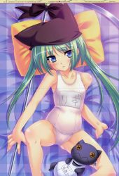 Rule 34 | 1girl, absurdres, animal hat, bed, blue eyes, blush, bow, cameltoe, crease, dengeki hime, embarrassed, flat chest, from above, green hair, hat, highres, long hair, name tag, one-piece swimsuit, open mouth, pillow, plaid, rizel the killer queen, scan, school swimsuit, shinozuka atsuto, solo, spread legs, staff, stuffed animal, stuffed toy, swimsuit, tri-stars, twintails, very long hair, white school swimsuit, white one-piece swimsuit, x x