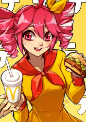 ahoge bow bread burger cup disposable_cup double-parted_bangs dress drill_hair drinking_straw food hair_between_eyes hair_bow hair_ribbon holding holding_burger holding_food kasane_teto kasane_teto_(sv) lettuce looking_at_viewer mcdonald&#039;s neckerchief official_alternate_costume open_mouth red_eyes red_neckerchief ribbon sweatdrop synthesizer_v teeth teriyaki_(synthesizer_v) twin_drills upper_teeth_only utau vmat white_ribbon yellow_background yellow_bow yellow_dress