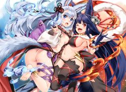 Rule 34 | 10s, 2girls, animal ears, anklet, ass, barefoot, bell, blue eyes, breasts, erune, feet, fox ears, fox shadow puppet, granblue fantasy, hair bell, hair ornament, jewelry, long hair, looking at viewer, multiple girls, no panties, one eye closed, open mouth, purple hair, red eyes, shinozuka atsuto, sideboob, silver hair, societte (granblue fantasy), soles, yuel (granblue fantasy)