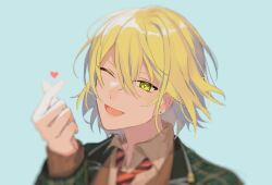 Rule 34 | 1boy, androgynous, black necktie, blonde hair, brown vest, earrings, green eyes, green jacket, grey background, highres, jacket, jewelry, long sleeves, looking at viewer, mahoutsukai no yakusoku, male focus, multicolored necktie, necktie, one eye closed, open mouth, piza-chan, plaid, plaid jacket, red necktie, rutile flores, sailor collar, shirt, short hair, smile, solo, vest, white shirt