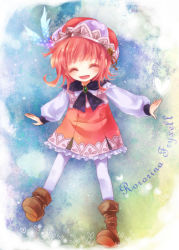 Rule 34 | 1girl, aged down, atelier (series), atelier rorona, character name, child, closed eyes, dress, female focus, full body, koron (tkhsrui), pantyhose, red hair, rororina fryxell, shoes, short hair, smile, solo, striped clothes, striped headwear, vertical-striped clothes, vertical-striped headwear, white pantyhose