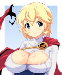 Rule 34 | 1girl, artist request, blonde hair, breasts, bursting breasts, cape, cleavage, cleavage cutout, clothing cutout, dc comics, huge breasts, power girl, short hair