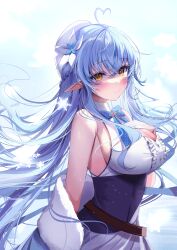 Rule 34 | 1girl, absurdres, ahoge, bare shoulders, beret, blue bow, blue bowtie, blue hair, blush, bow, bowtie, breasts, cleavage, closed mouth, commentary request, flower, ggatip, hair flower, hair ornament, hat, highres, hololive, large breasts, long hair, looking at viewer, pointy ears, solo, virtual youtuber, white flower, white hat, yellow eyes, yukihana lamy, yukihana lamy (1st costume)