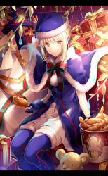 Rule 34 | 1girl, :t, artoria pendragon (all), artoria pendragon (fate), bag, blonde hair, blue dress, blue thighhighs, braid, branch, colonel sanders, dress, eating, excalibur (fate/stay night), excalibur morgan (fate), fate/grand order, fate (series), food, fried chicken, fur trim, gift, green ribbon, hat, holding, holding food, kfc, leaf, legs together, letterboxed, looking at viewer, no legwear, red ribbon, ribbon, saber (fate), saber alter, sack, santa alter, santa costume, santa hat, sitting, skirt, solo, striped ribbon, sword, thighhighs, weapon, white skirt, yellow eyes, yunohito