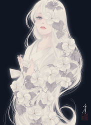 Rule 34 | 1girl, absurdres, black background, commentary request, flower, flower request, grey eyes, hair flower, hair ornament, hair over one eye, highres, holding, holding flower, japanese clothes, kimono, leaf, long hair, looking at viewer, one eye covered, original, parted lips, plant, seal impression, signature, simple background, solo, upper body, ushiyama ame, very long hair, vines, white flower, white hair, white kimono, white theme
