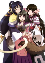 Rule 34 | 10s, 3girls, absurdres, brown eyes, brown hair, capelet, highres, holding hands, hug, interlocked fingers, japanese clothes, kuon (utawarerumono), long hair, low-tied long hair, mole, mole under eye, multiple girls, nekone (utawarerumono), official art, open mouth, own hands together, rulutieh, smile, tail, utawarerumono, utawarerumono: itsuwari no kamen, very long hair, yellow eyes