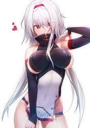 Rule 34 | 1girl, azur lane, bare shoulders, belt, black panties, blue panties, blush, breasts, colorado (azur lane), contrapposto, cowboy shot, detached sleeves, dress, groin, hair over one eye, hairband, hand up, heart, highres, large breasts, long hair, looking at viewer, panties, pelvic curtain, red eyes, red hairband, sideboob, sidelocks, simple background, sleeveless, sleeveless dress, solo, underwear, west 24, white background, white hair