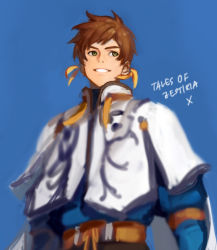 Rule 34 | 10s, 1boy, bad id, bad pixiv id, brown hair, copyright name, earrings, feather earrings, feathers, green eyes, grin, jewelry, male focus, short hair, smile, solo, sorey (tales), tales of (series), tales of zestiria, title, upper body, yarr