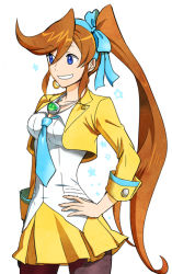 Rule 34 | 1girl, ace attorney, athena cykes, blue eyes, blue necktie, bow, brown hair, capcom, cropped jacket, earrings, grin, hair bow, hairband, hand on own hip, jewelry, long hair, mikami, necklace, necktie, pantyhose, phoenix wright: ace attorney - dual destinies, ponytail, single earring, skirt, smile, solo, white background, yellow skirt