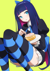 Rule 34 | 1girl, absurdres, black dress, black hair, blue bow, blue eyes, blue hair, blue ribbon, blunt bangs, bow, colored inner hair, dress, food, gothic lolita, hair bow, highres, lolita fashion, long hair, looking at viewer, multicolored hair, panty &amp; stocking with garterbelt, pink hair, puffy sleeves, ribbon, solo, stocking (psg), streaked hair, striped clothes, striped thighhighs, sweets, t-lex, thighhighs, thighs, two-tone hair