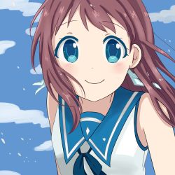 Rule 34 | 1girl, 319thie, :d, bad id, bad pixiv id, blue eyes, blue sky, blush, face, looking at viewer, nagi no asukara, open mouth, sky, smile, solo