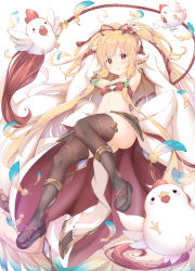 Rule 34 | 1girl, absurdres, animal ears, anklet, bandeau, beads, bird, black thighhighs, blush, chicken, chinese zodiac, feather hair ornament, feathers, granblue fantasy, hair beads, hair ornament, harvin, highres, jewelry, long hair, looking at viewer, mahira (granblue fantasy), monkey ears, red bandeau, sandals, solo, thighhighs, ukiwakisen
