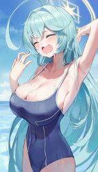 Rule 34 | 1girl, absurdres, abydos high school swimsuit, ahoge, aqua hair, armpits, bare arms, bare shoulders, black one-piece swimsuit, blue archive, blush, breasts, cleavage, closed eyes, day, dotthebot, halo, highres, huge ahoge, large breasts, long hair, one-piece swimsuit, open mouth, outdoors, school swimsuit, solo, swimsuit, very long hair, yellow halo, yume (blue archive)