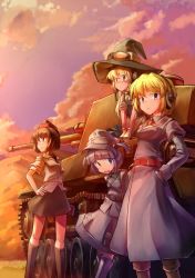 Rule 34 | 4girls, alice margatroid, belt, black hair, blonde hair, blue eyes, blue hair, cloud, cloudy sky, dress, fat (artist), garrison cap, goggles, goggles on head, hand in pocket, hand on own hip, hat, headset, kawashiro nitori, kirisame marisa, long hair, military, multiple girls, shameimaru aya, short hair, short twintails, skirt, sky, sunset, tokin hat, touhou, twintails, two side up, type 4 chi-to, witch hat