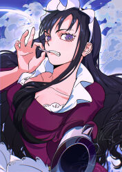Rule 34 | 1girl, absurdres, artist name, baby 5, black hair, cigarette, commentary, dress, english commentary, gun, highres, holding, holding cigarette, holding weapon, long hair, looking at viewer, maid, maid headdress, mygiorni, one piece, purple dress, purple eyes, smoke, smoking, solo, teeth, weapon