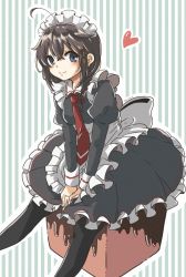 Rule 34 | 1girl, adapted costume, ahoge, alternate costume, apron, black dress, black hair, black pantyhose, blue eyes, braid, chocolate, cocax x, commentary, dress, enmaided, frilled apron, frilled dress, frills, hair flaps, hair over shoulder, heart, highres, kantai collection, long hair, maid, maid headdress, necktie, pantyhose, red necktie, shigure (kancolle), shigure kai ni (kancolle), single braid, sitting, solo, striped, striped background, symbol-only commentary, white apron