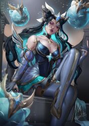 Rule 34 | 1girl, :&lt;, absurdres, aqua hair, arm at side, arm support, artist name, black footwear, black hair, blurry, blurry background, breasts, chain, circlet, cleavage, collarbone, colored inner hair, commentary, crossed legs, dated, elbow gloves, english commentary, floating, floating object, forehead, frilled skirt, frills, full body, gem, gloves, gold trim, high heels, highres, knee up, large breasts, league of legends, long hair, looking at viewer, meister staze, multicolored hair, official alternate costume, parted lips, partially fingerless gloves, pink eyes, prestige star guardian syndra, shadow, skirt, solo, sparkle, star guardian (league of legends), star guardian syndra, syndra, thighhighs, v-shaped eyebrows