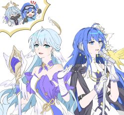 Rule 34 | &gt; &lt;, 1boy, 3girls, animal ears, arknights, astesia (arknights), astesia (frlibe on the palace) (arknights), astgenne (arknights), bare shoulders, bird ears, blue eyes, blue hair, bright pupils, character request, chibi, dress, gloves, hair ornament, halo, head wings, highres, holding, holding microphone stand, honkai: star rail, honkai (series), light blue hair, long hair, microphone, microphone stand, multiple girls, music, nazuka kaori, robin (honkai: star rail), simple background, singing, smile, star (symbol), voice actor connection, white background, white dress, white gloves, white pupils, wings, yueli675