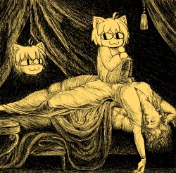 Rule 34 | &lt;|&gt; &lt;|&gt;, 3girls, :3, animal ears, antenna hair, breasts, cat ears, commentary, curtains, fine art parody, henry fuseli, highres, lying, medium breasts, monochrome, multiple girls, neco-arc, on back, parody, sitting, sitting on person, the nightmare (henry fuseli), toasty rolls, tsukihime