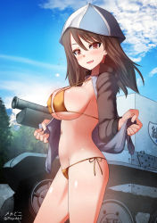 Rule 34 | 1girl, bikini, blush, breasts, brown eyes, brown hair, covered erect nipples, from side, girls und panzer, gold bikini, hat, highres, jacket, keizoku military uniform, large breasts, looking at viewer, medium hair, megadeko, mika (girls und panzer), military, military uniform, military vehicle, motor vehicle, navel, open mouth, outdoors, shiny skin, side-tie bikini bottom, sideboob, sky, smile, solo, swimsuit, tank, track jacket, uniform