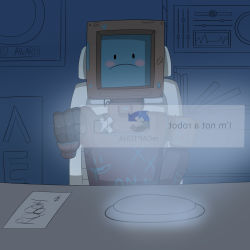 Rule 34 | 1boy, :d, artist request, backwards text, blush stickers, captcha, chair, commentary, crossed bandaids, cytus, english commentary, english text, framed, frown, google, heart, highres, holographic interface, joints, monitor, monochrome background, no humans, open mouth, pointing, robo head (cytus), robot, robot joints, smile, smiley face, solo, wire, | |