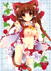 Rule 34 | 1girl, animal ears, arms up, ascot, bare shoulders, blush, bow, breasts, brown eyes, brown hair, cat ears, cat tail, cleavage, clothes lift, collar, collarbone, crop top, crop top overhang, detached sleeves, flower, food, frilled collar, frilled skirt, frills, fruit, glitter, groin, hair bow, hair ornament, hair ribbon, hair tubes, hakurei reimu, highres, kemonomimi mode, large breasts, long hair, midriff, navel, nipples, no bra, no panties, open mouth, outstretched arm, panties, reaching, red ribbon, ribbon, ribbon-trimmed sleeves, ribbon trim, ripples, shirt lift, skirt, solo, star (symbol), striped clothes, striped panties, tail, tail ornament, tail ribbon, thighhighs, touhou, underwear, upskirt, water, white thighhighs, yumemiya subaru
