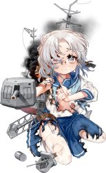 Rule 34 | 1girl, adapted turret, aiming, akasaka yuzu, blue neckerchief, blue ribbon, blue sailor collar, blue skirt, burnt clothes, burnt hair, buttons, cannon, depth charge, garter straps, glasses, gloves, heterochromia, hirato (kancolle), kantai collection, long sleeves, looking at viewer, machinery, neckerchief, official art, pleated skirt, ribbon, sailor collar, school uniform, serafuku, short hair, silver hair, skirt, smokestack, solo, squatting, thighhighs, torn clothes, transparent background, turret, wavy hair, white gloves, white thighhighs