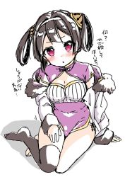 Rule 34 | 1girl, :o, arm at side, arm support, azur lane, bare legs, barefoot, black hair, black thighhighs, blush, breasts, china dress, chinese clothes, cleavage, cleavage cutout, clothing cutout, coat, covered navel, dot nose, dress, eyebrows, full body, fur trim, hair intakes, hair rings, hairband, hand on own thigh, head tilt, highres, knees together feet apart, kuune rin, long sleeves, medium breasts, motion lines, ning hai (azur lane), no ahoge, no shoes, off shoulder, open clothes, open coat, open mouth, pelvic curtain, pink eyes, purple dress, short dress, short hair, short sleeves, side slit, simple background, single thighhigh, sitting, sketch, solo, text focus, thighhighs, translated, turtleneck, white background, white coat, white hairband, yokozuwari, zettai ryouiki