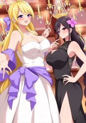 2girls aikome_(haikome) blonde_hair blue_eyes chandelier dress flower fujimiya_aiki_(haikome) highres kuroe_misa_(haikome) long_hair looking_at_viewer multiple_girls open_mouth original purple_eyes purple_hair purple_ribbon ribbon smile