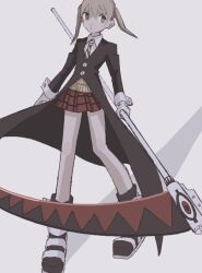 Rule 34 | 1girl, averting eyes, black coat, black footwear, blonde hair, boots, closed mouth, coat, collared shirt, dot nose, full body, gloves, green eyes, green necktie, grey background, highres, holding, holding scythe, holding weapon, long hair, long sleeves, maka albarn, medium hair, necktie, no pupils, pale skin, plaid, plaid skirt, pleated skirt, school uniform, scythe, shadow, shirt, simple background, sionsakana, skirt, sleeve cuffs, solo, soul eater, standing, striped necktie, sweater vest, twintails, two-tone footwear, vest, weapon, white gloves, white shirt