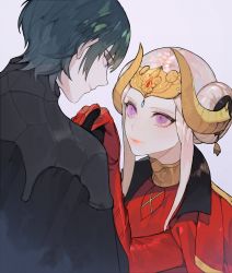 Rule 34 | 1boy, 1girl, bad id, bad twitter id, blonde hair, blue eyes, blue hair, byleth (fire emblem), byleth (male) (fire emblem), closed mouth, couple, edelgard von hresvelg, fire emblem, fire emblem: three houses, headpiece, highres, holding hands, horns, nahonanaho, nintendo, purple eyes, short hair, simple background, upper body