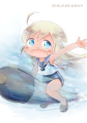 Rule 34 | 10s, 1girl, :d, bad id, bad pixiv id, blue eyes, hinata yuu, kantai collection, long hair, looking at viewer, open mouth, riding, ro-500 (kancolle), school swimsuit, school uniform, serafuku, silver hair, smile, solo, swimsuit, swimsuit under clothes, tan, torpedo