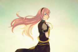 Rule 34 | 1girl, backlighting, bad id, bad pixiv id, belt, black belt, black hairband, black skirt, blue eyes, blue nails, blush, closed mouth, detached sleeves, fingernails, floating hair, gradient background, green background, hairband, hands on own chest, hands up, light blush, light rays, long hair, long skirt, looking at viewer, looking back, megurine luka, nail polish, nose blush, pink hair, see-through, see-through sleeves, simple background, single detached sleeve, skirt, smile, solo, tank top, tareme, torla16, vocaloid, yellow background